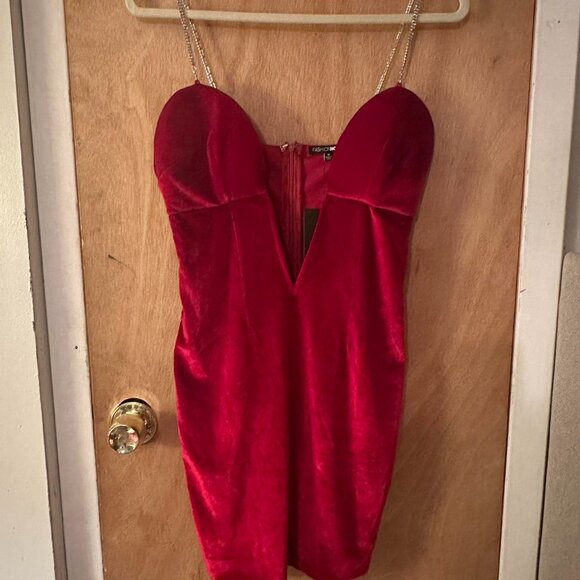 Fashion Nova - Red Velvet Mini Dress with Rhinestone Chain Straps - Picture 3 of 3